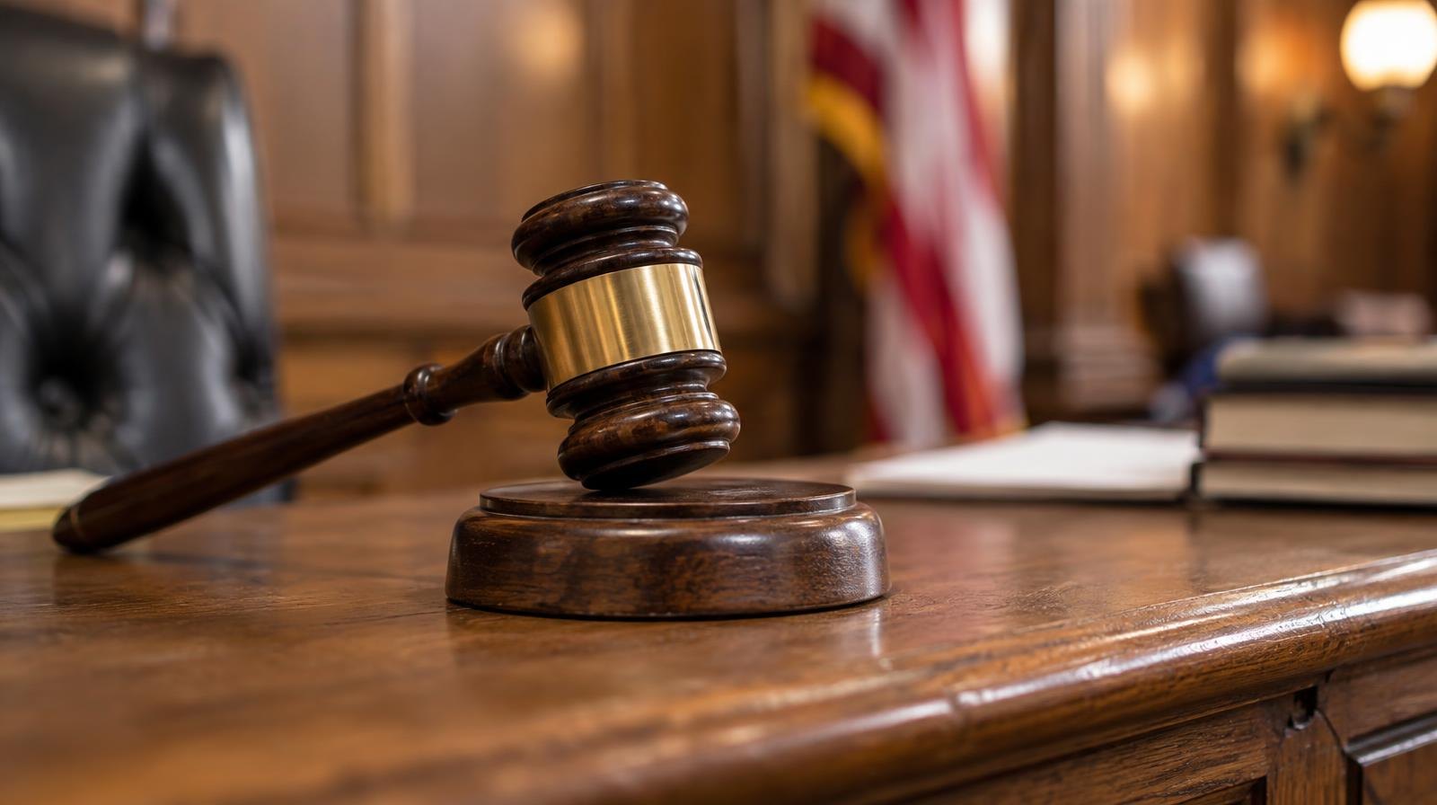 A wooden gavel resting on its sound block on a wooden surface.