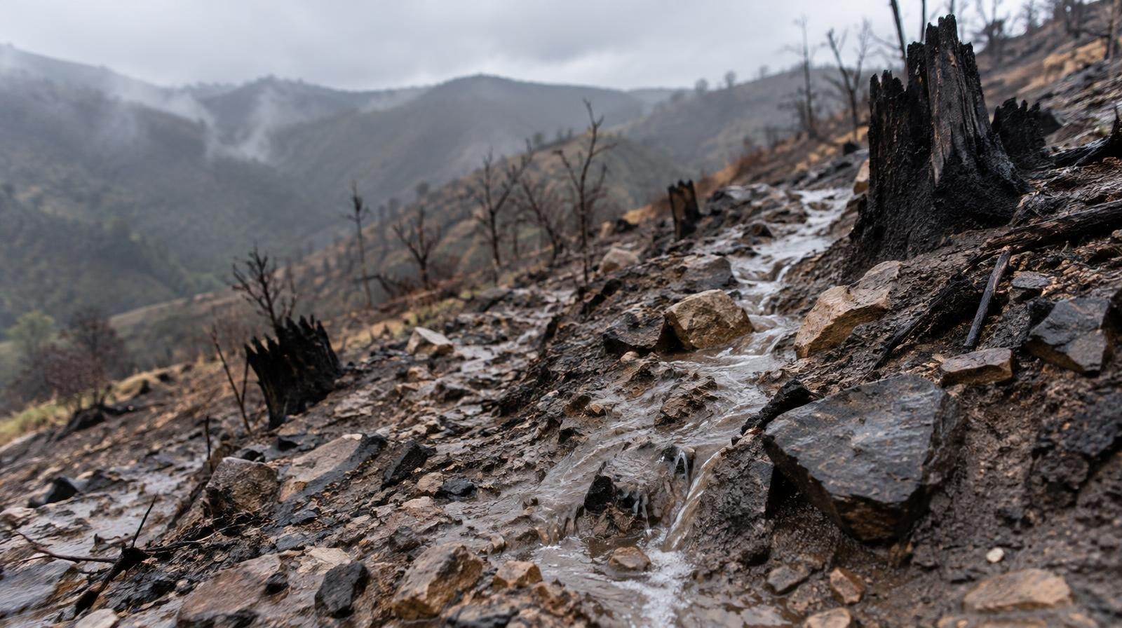 Rain-soaked hillside with charred stumps, grey ash soil, and erosion channels.