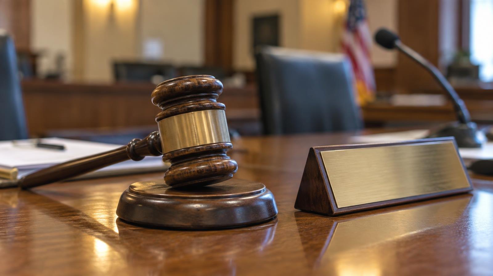 Wooden gavel resting on its sound block on a polished table.