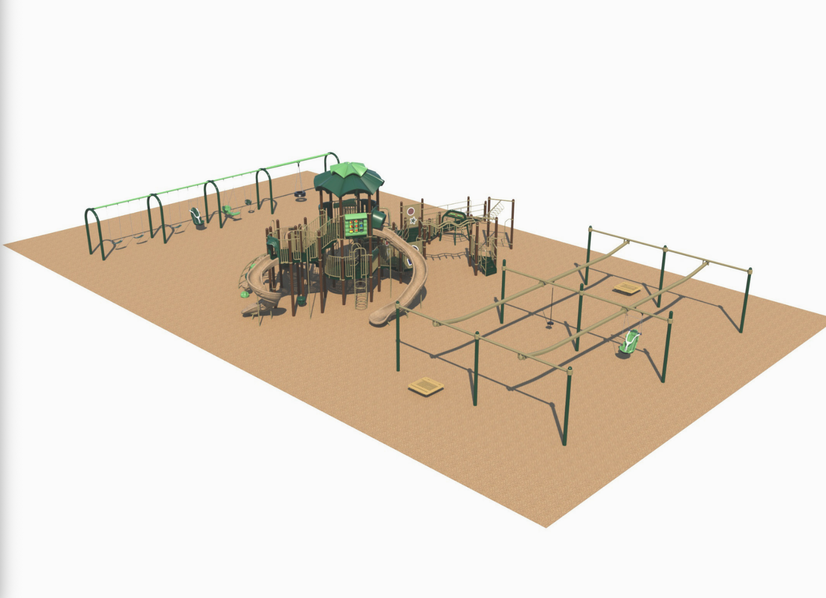 Rendering of a proposed playground for Fairground Park in Plymouth, showing a central tower structure with slides, a swing set, and an obstacle-course climbing area on a tan safety surface.