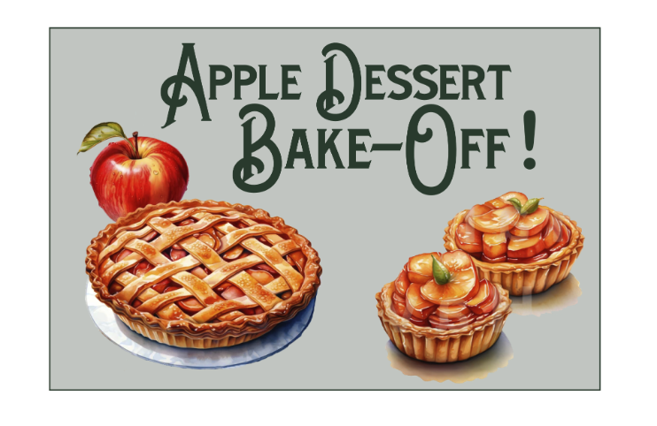 Apple Dessert Bake-Off graphic featuring an apple, a lattice-top pie and two apple tarts.