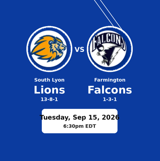 MaxPreps matchup graphic showing South Lyon Lions (13-8-1) at Farmington Falcons (1-3-1), Tuesday, Sept. 15, 2026, 6:30 p.m. EDT.