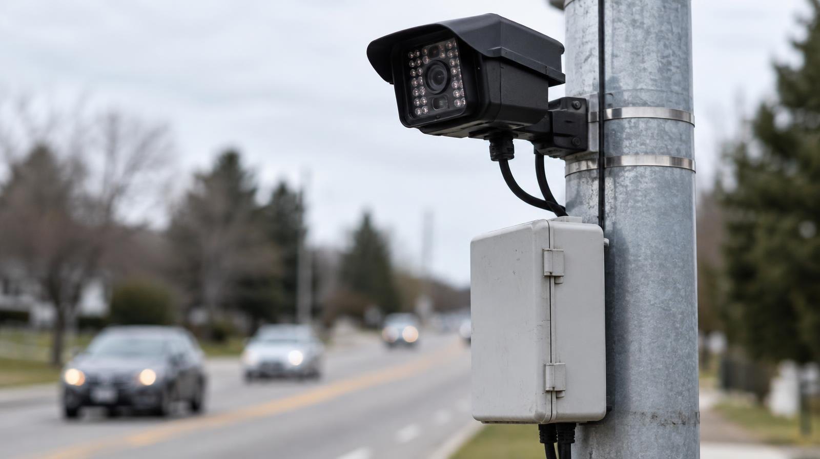 An ALPR camera on a metal pole beside a road with an equipment box attached below.