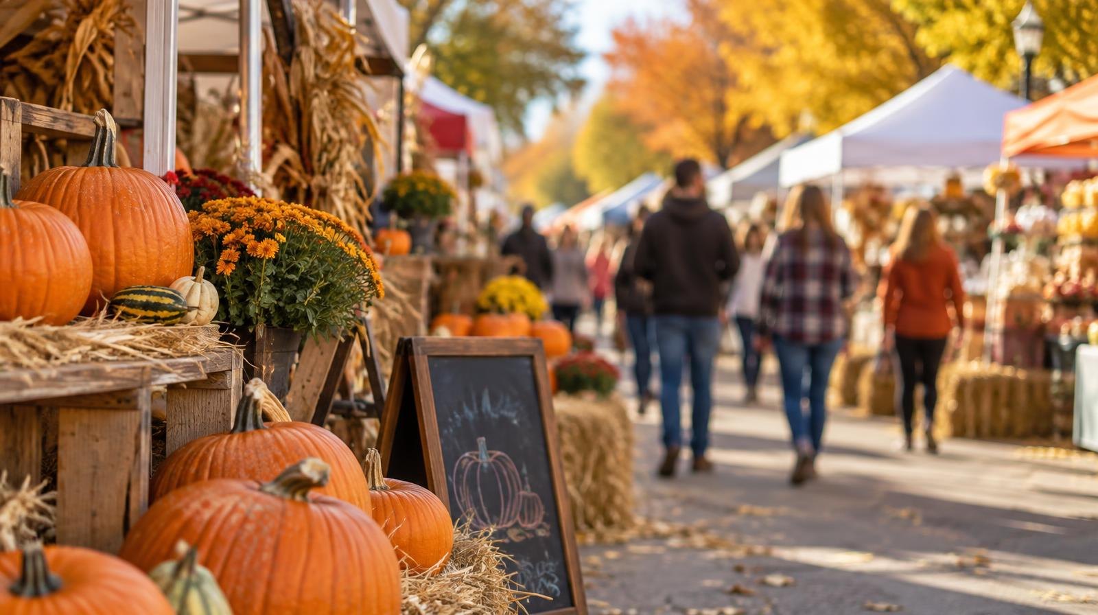 Colorful vendor tents and hay bales line a sunny outdoor autumn street festival.