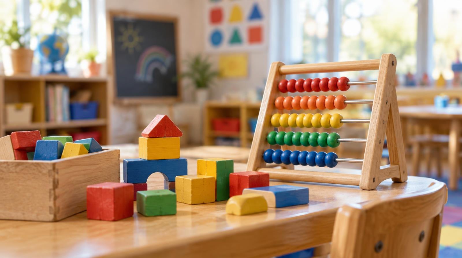 Colorful wooden building blocks and a toy abacus on a low classroom table.