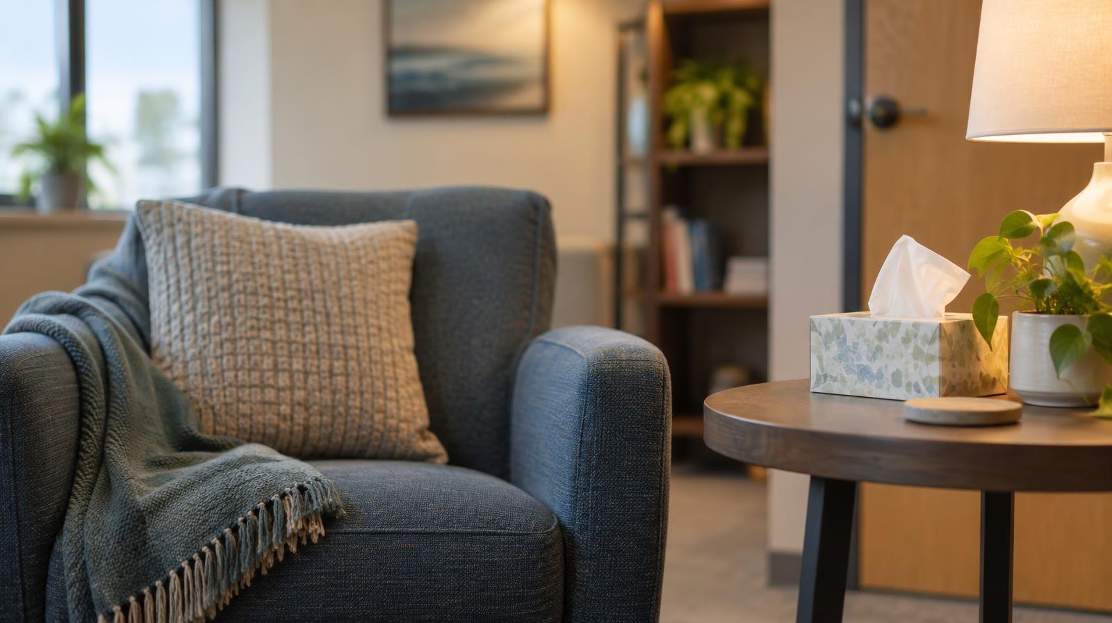 A cushioned chair beside a small table with a box of tissues in a softly lit waiting room.