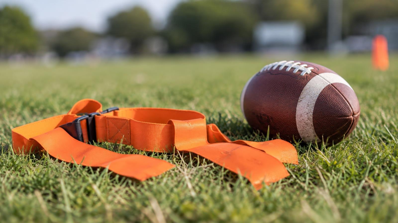 Orange flag football belt and football lying on green grass in sunlight.