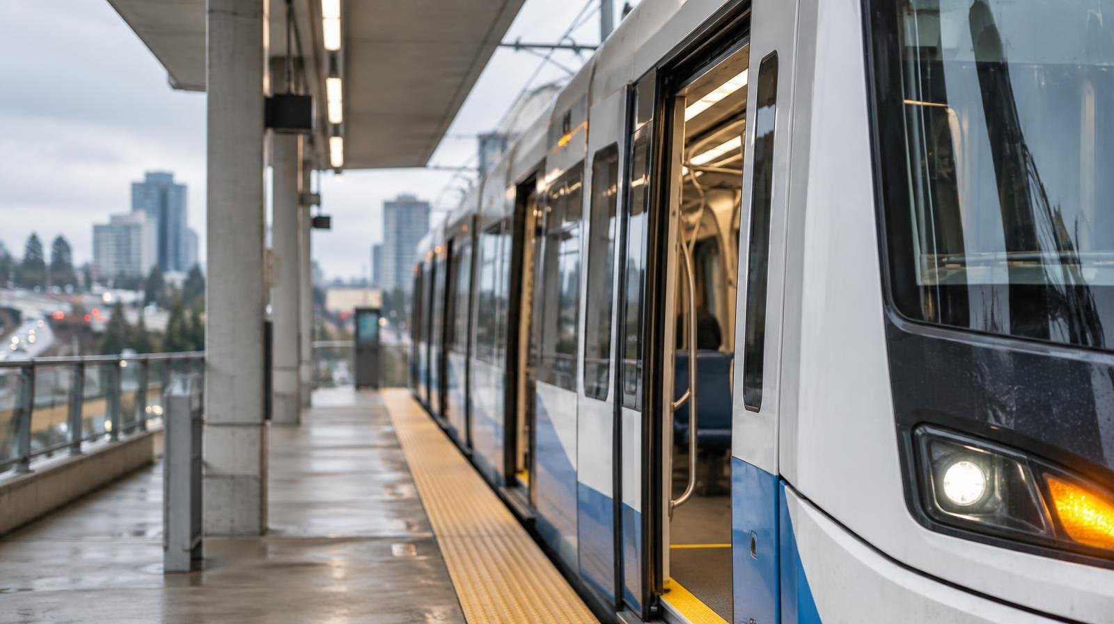 A modern light rail train with open doors at an elevated platform under a concrete canopy.