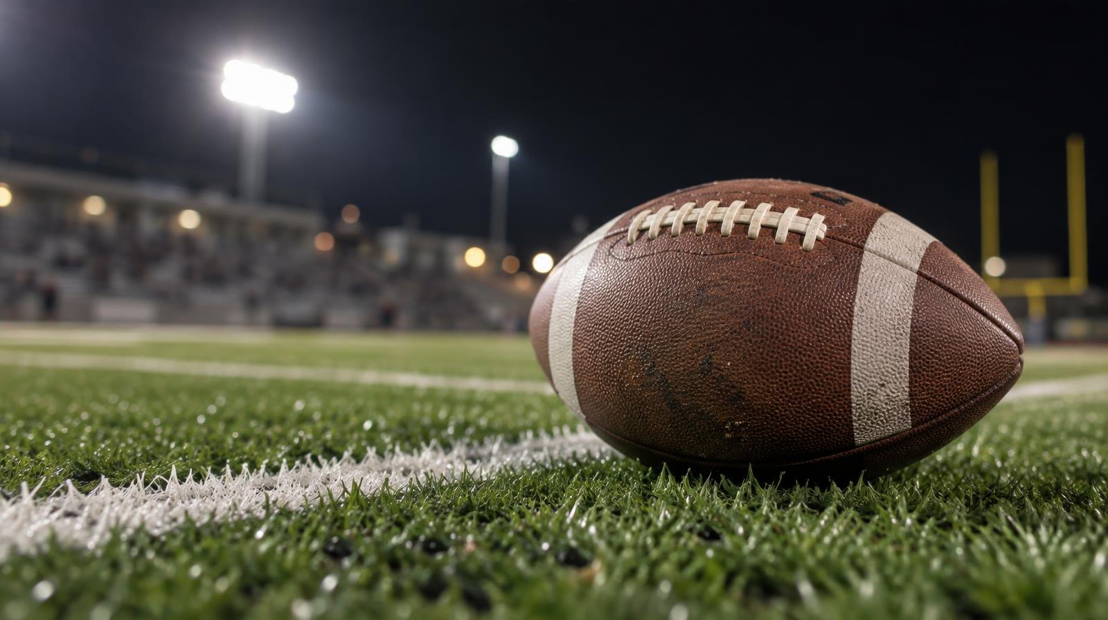 An American football resting on green turf beside a white yard line under bright stadium lights at night.