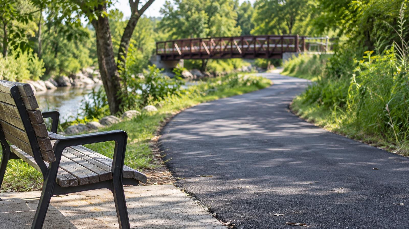 Paved asphalt trail curving through a green greenway beside a creek.