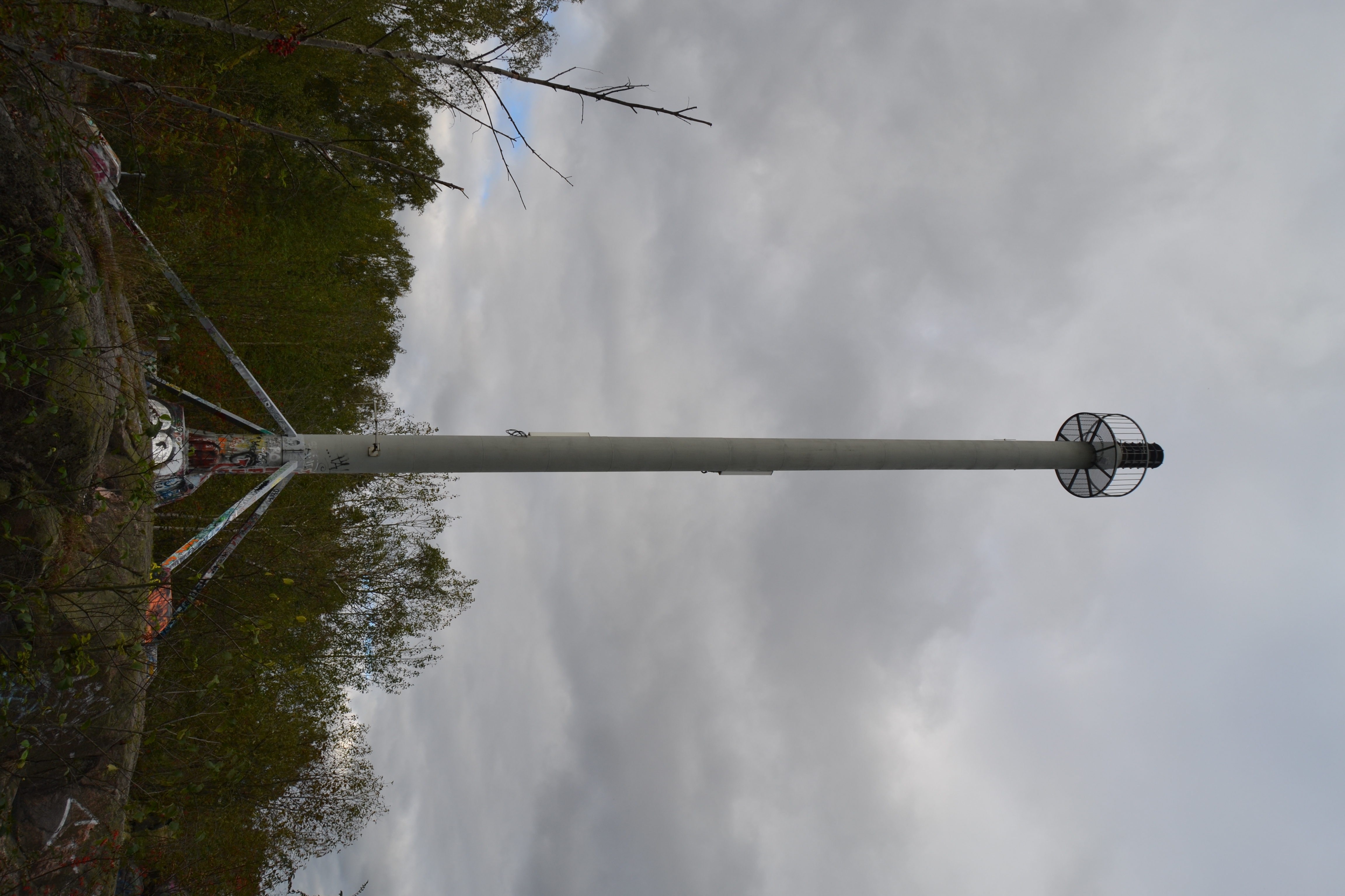 Tall gray pole-mounted civil defense siren standing among trees under overcast sky.