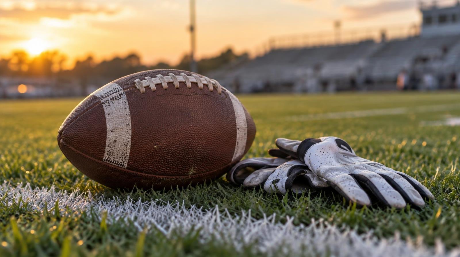 A football resting on green grass near a white yard line on a football field.