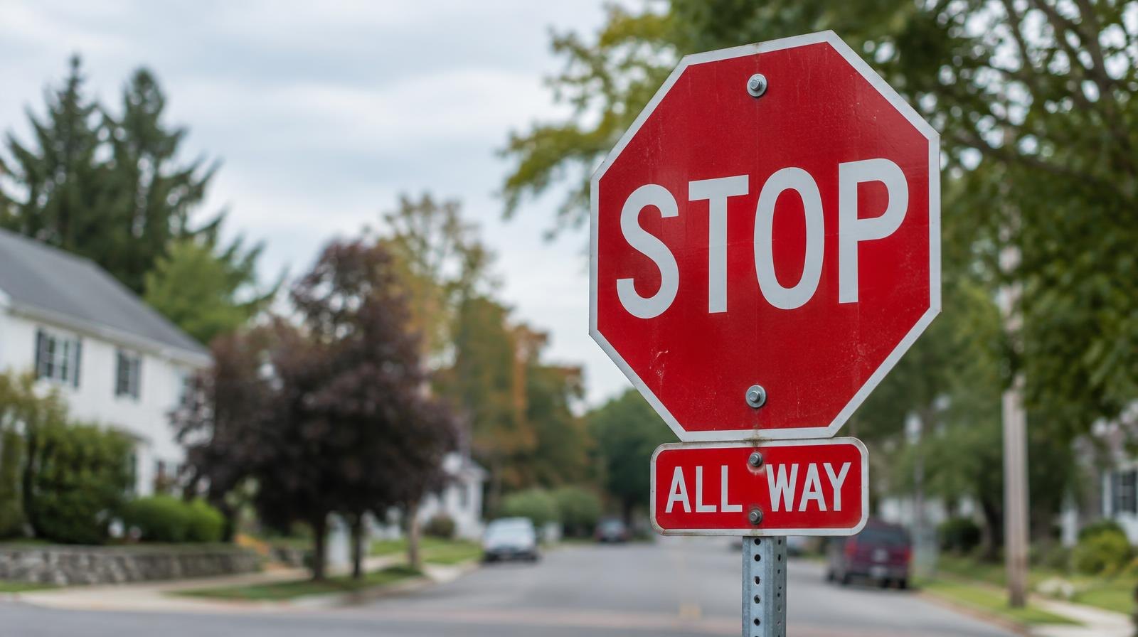 A red octagonal stop sign with an all-way plate on a metal post at a street intersection.