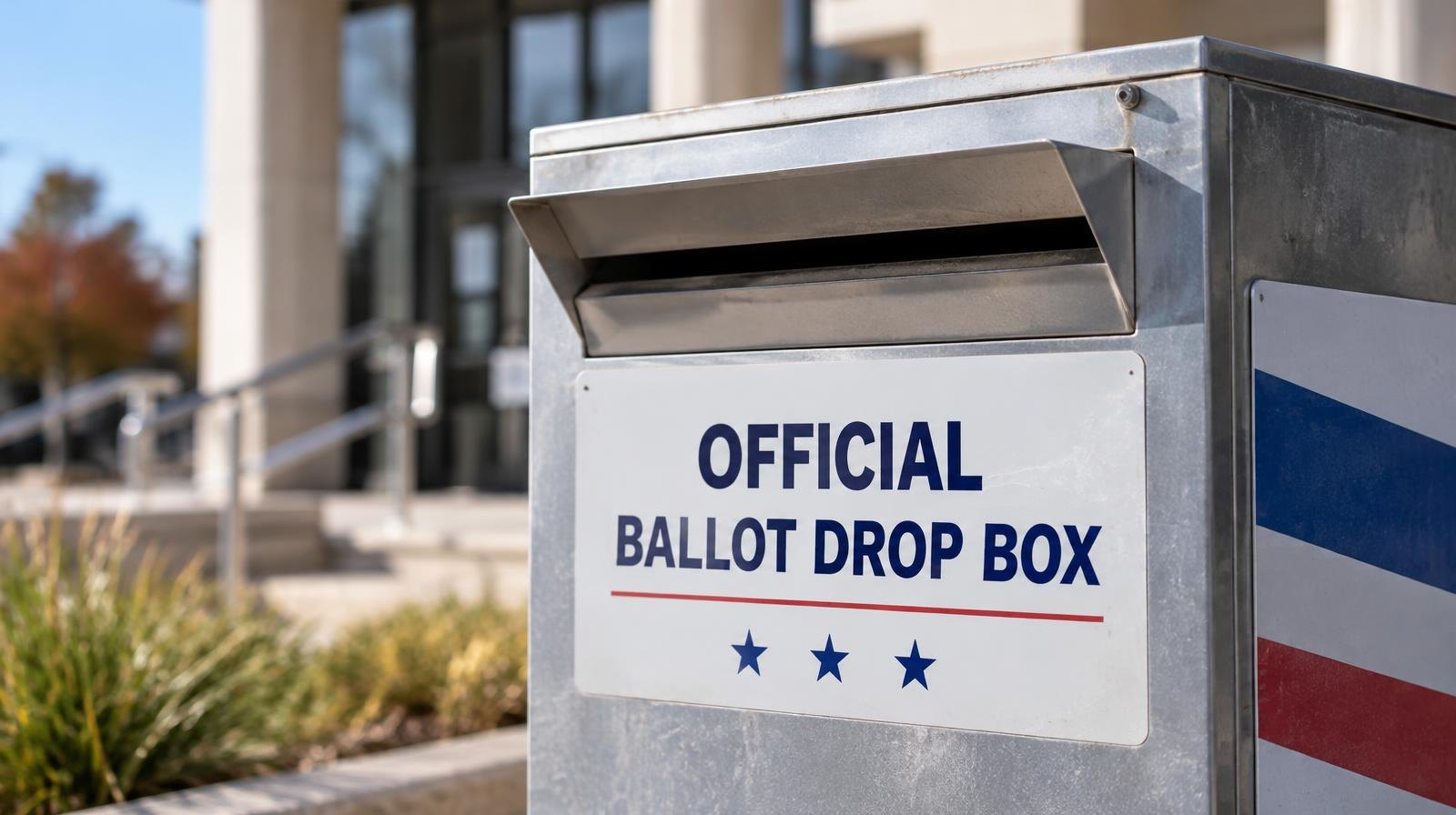 A metal ballot drop box with a secure slot mounted near a building entrance.