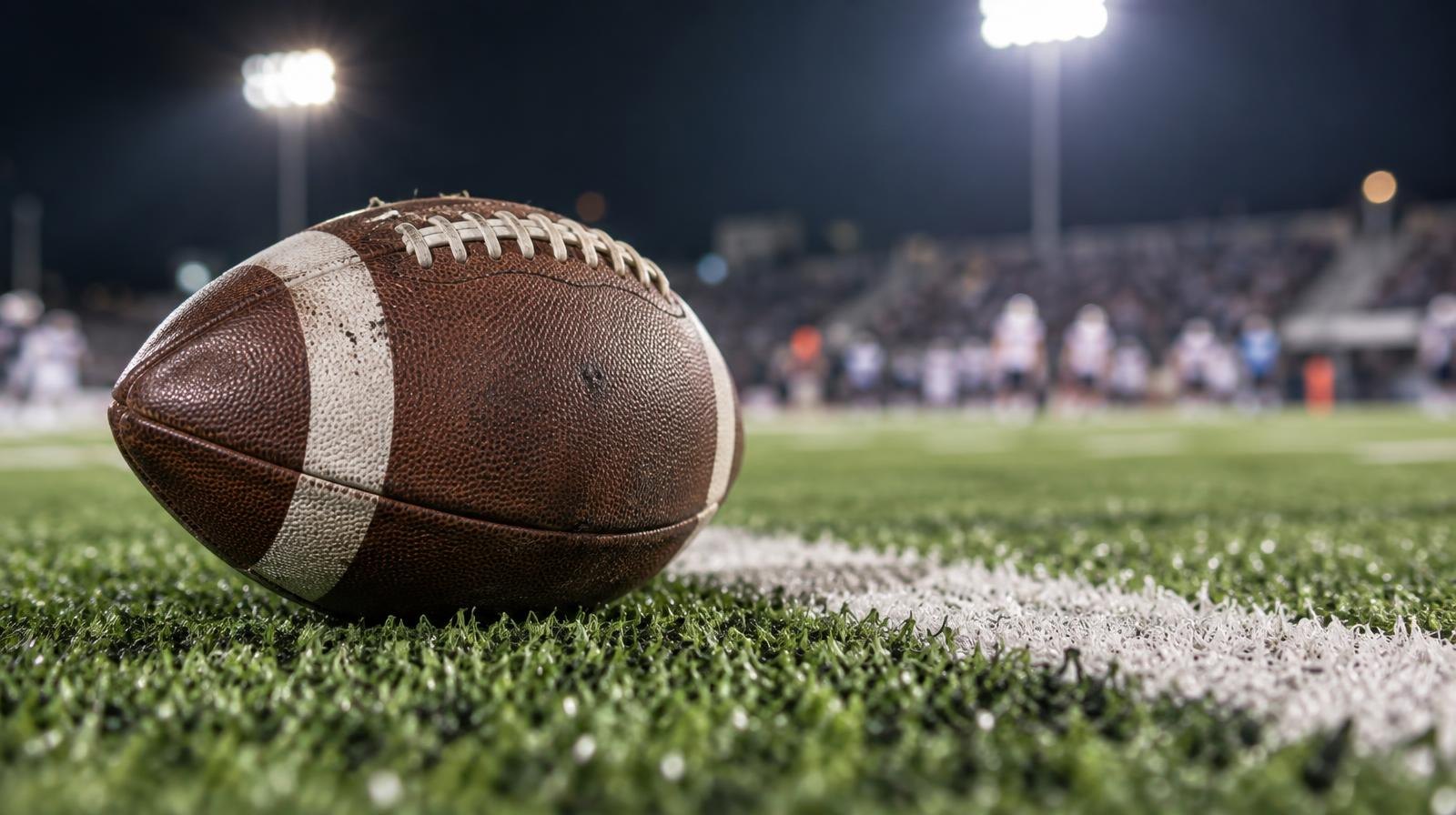 An American football resting on green artificial turf beside a white yard line at night.