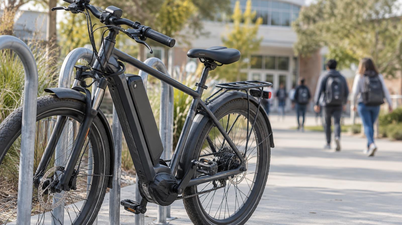An electric bicycle leaning against a metal bike rack on a sidewalk.