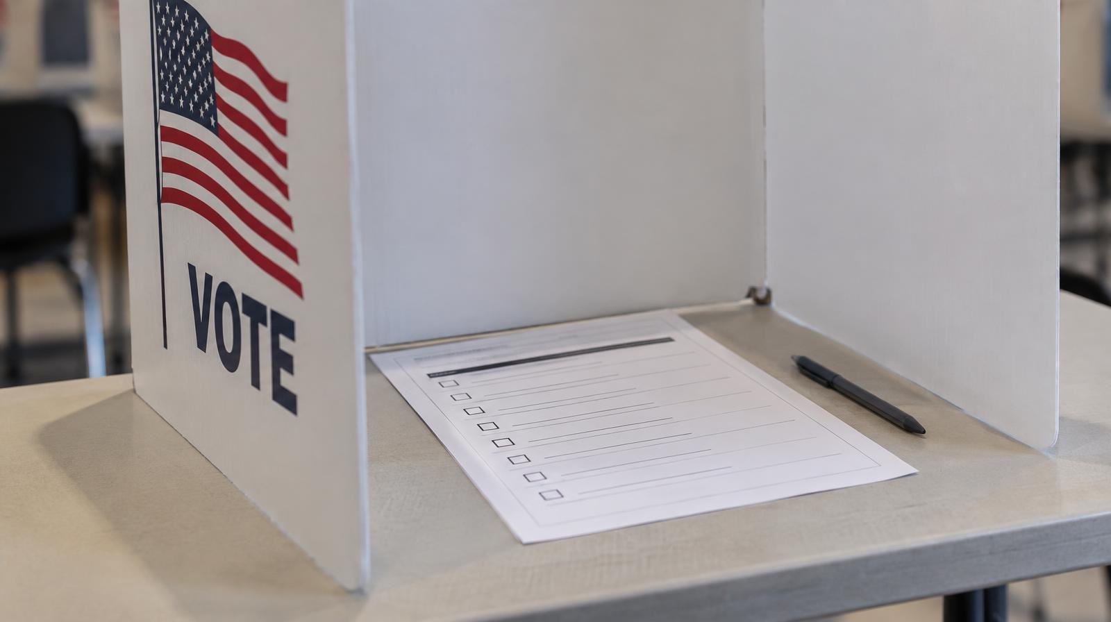 A blank paper ballot inside an open privacy voting booth folder.