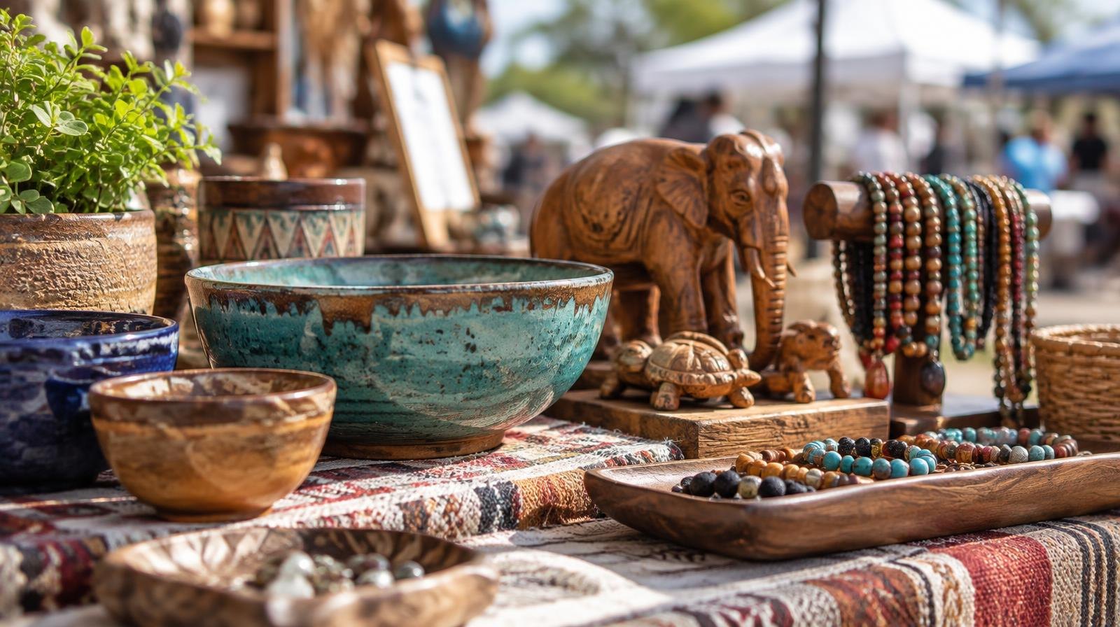 Colorful ceramic bowls, wooden carvings, and beaded jewelry on a display table.