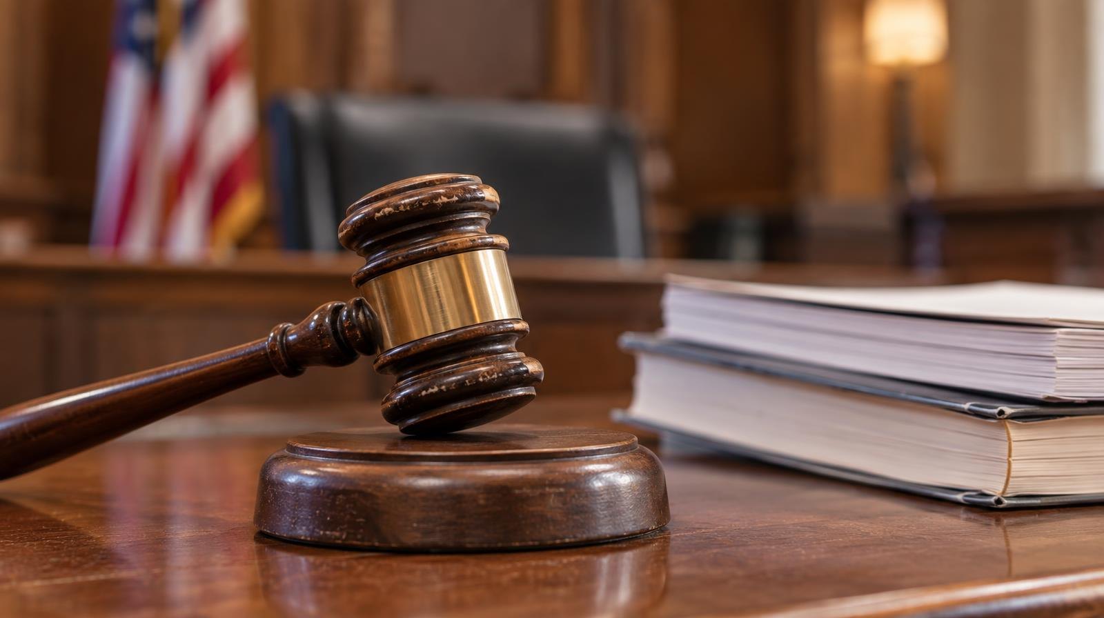 A wooden gavel resting on its sound block beside stacked legal documents.
