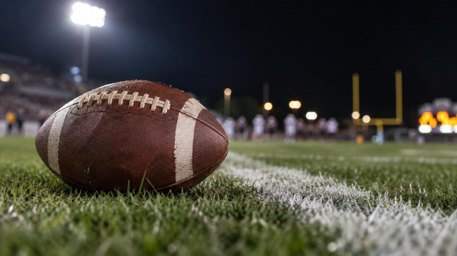 An American football on green grass near a white yard line under bright stadium lights at night.