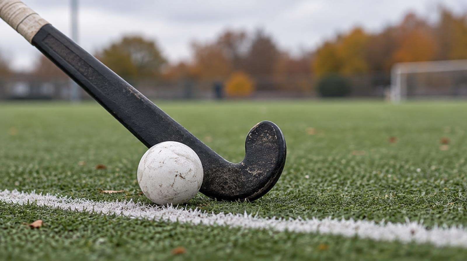 A field hockey stick and ball resting on green artificial turf near a white line.
