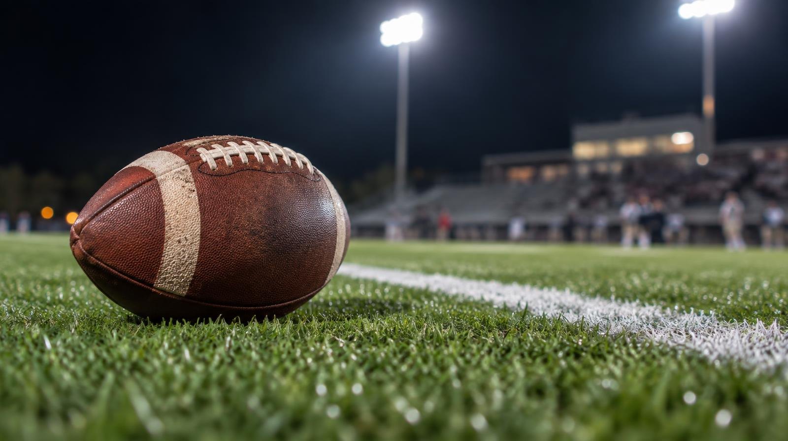 An American football resting on green grass near a white yard line under stadium lights.