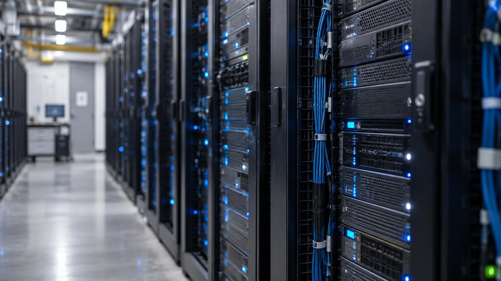 Rows of illuminated server racks with blue and white indicator lights.