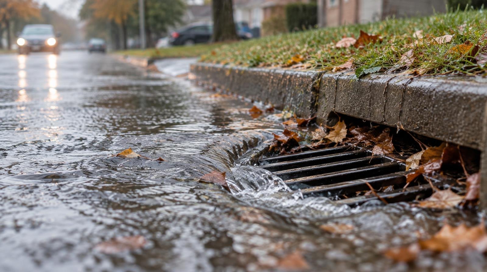 Flooded residential street gutter with rushing water beside a storm drain after heavy rain.