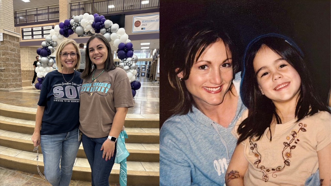 collage of two photos showing a mother and daughter together over the years — recent as adults at a school event with a purple and silver balloon arch, and older with the daughter as a young child, both smiling closely in each photo