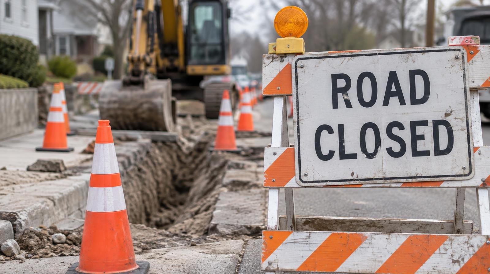 Open street trench with orange traffic cones and a road closed sign.