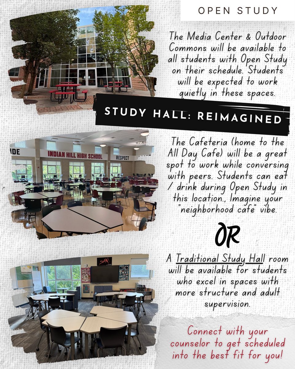 Promotional flyer titled 'Study Hall: Reimagined' showing three school spaces and open-study options.