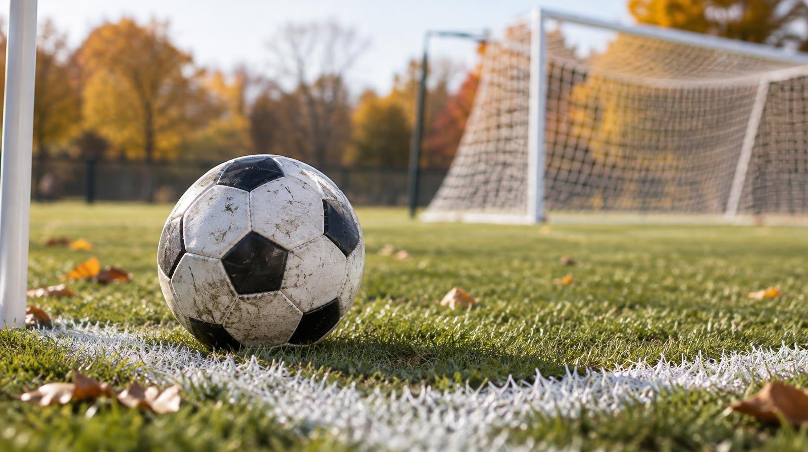 A soccer ball resting on green grass near a corner arc with a goal net behind it.