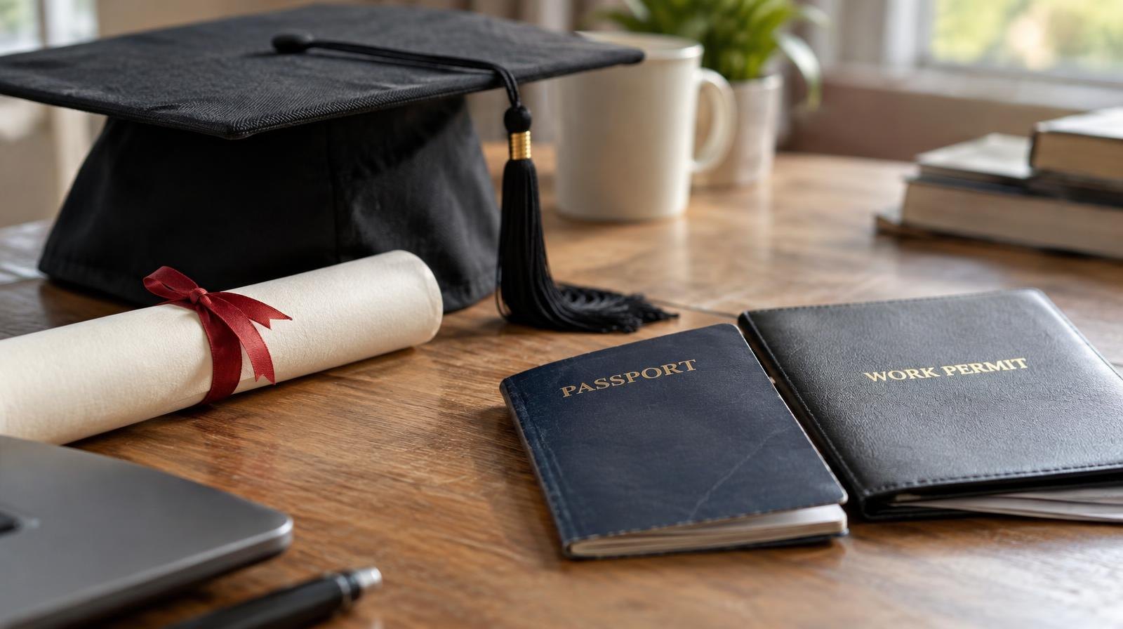 Graduation cap and diploma on a desk next to a passport and document holder.