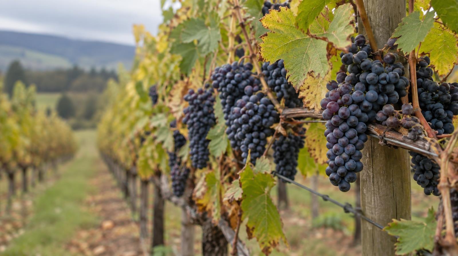 Rows of grapevines with purple grape clusters on wooden trellises on a hillside.