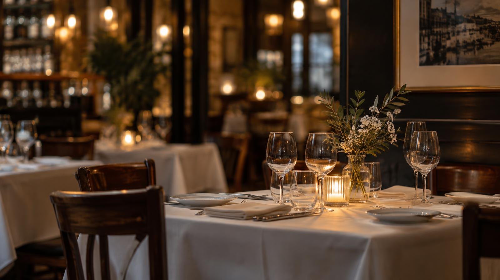 Empty restaurant dining room with white tablecloths and wine glasses under dim lighting.