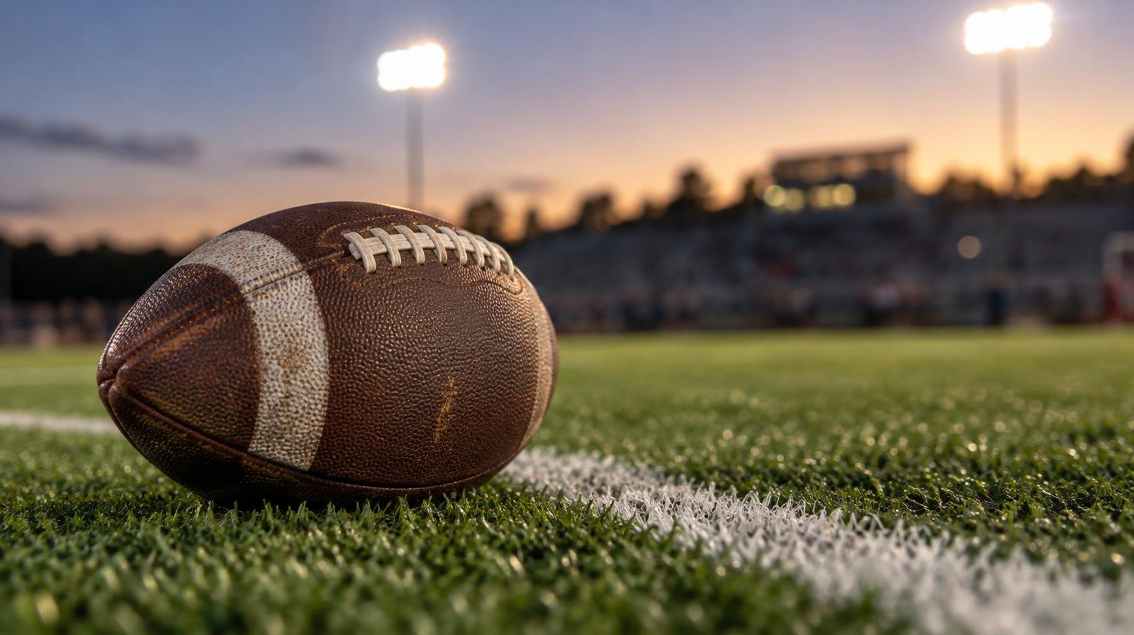 An American football resting on green grass near a white yard line under stadium lights.