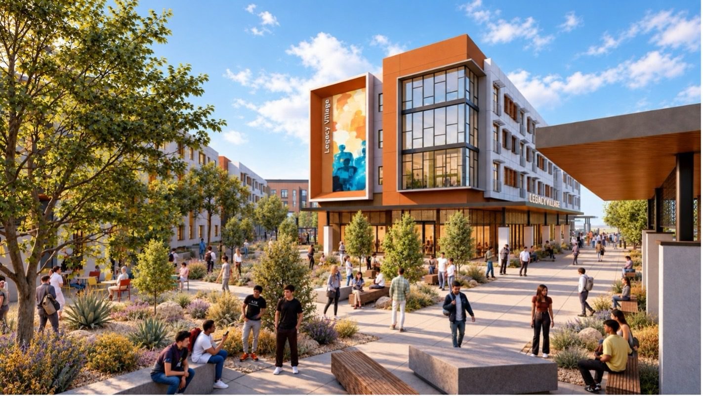 Architectural rendering of a multi-story mixed-use residential complex with orange facade and landscaped walkways.