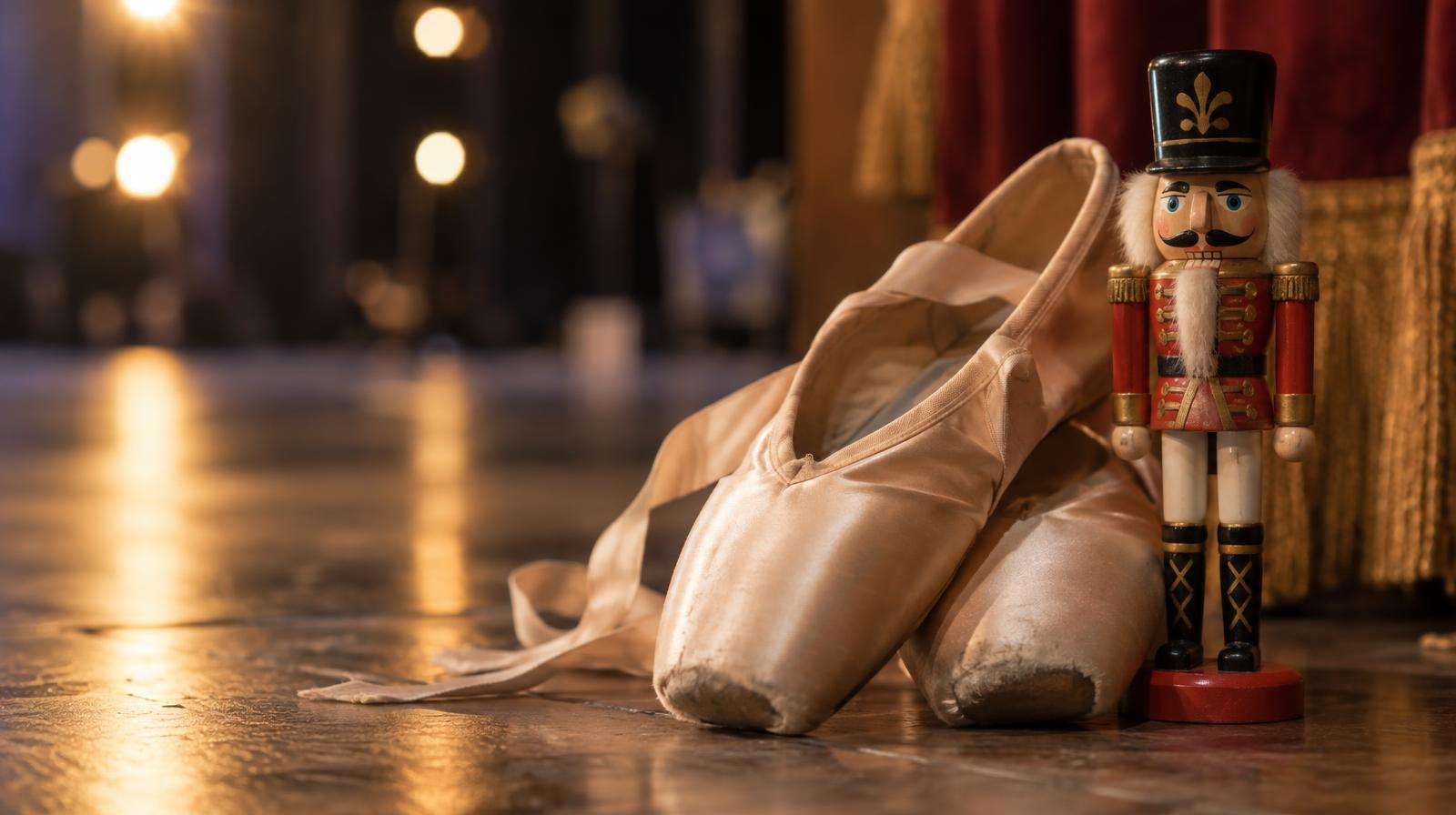 Ballet pointe shoes and a wooden nutcracker figurine on a wooden stage floor.
