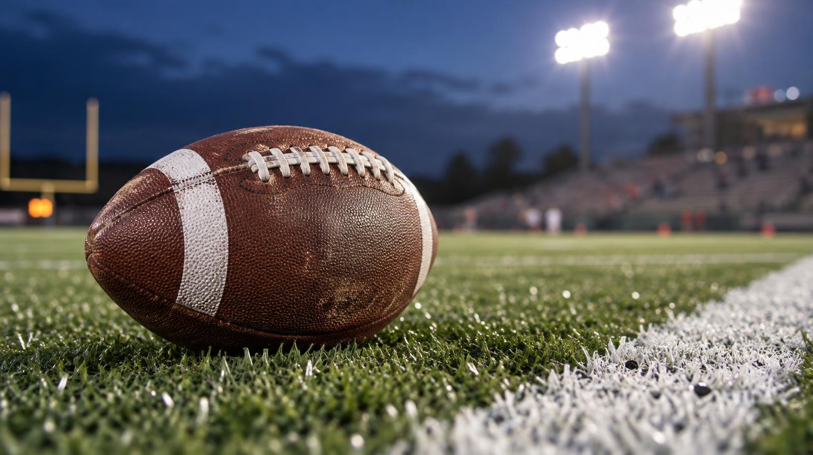 An American football on green turf beside a white yard line under bright lights.