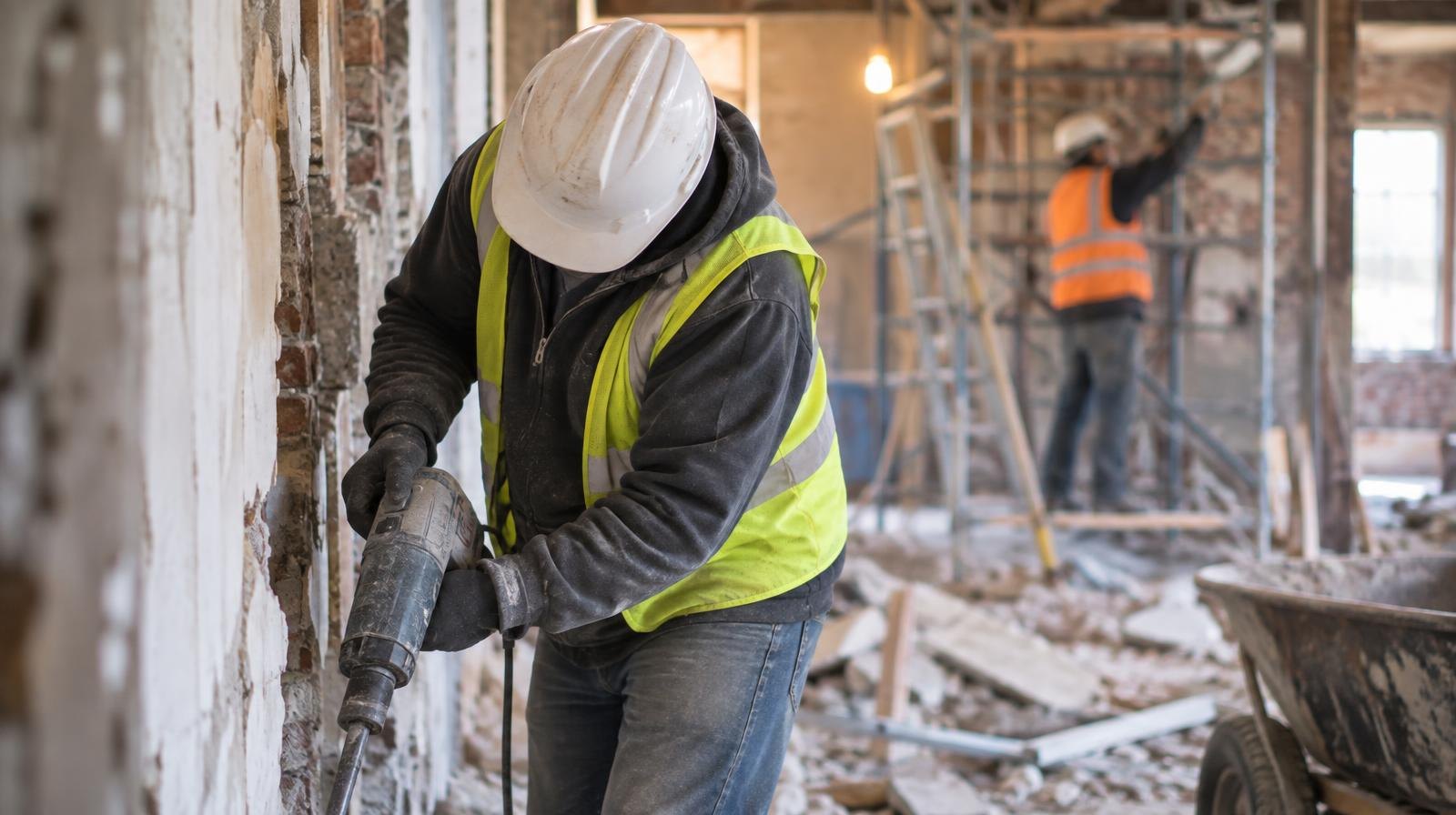 Workers in hard hats inside a building with exposed masonry walls and scaffolding.