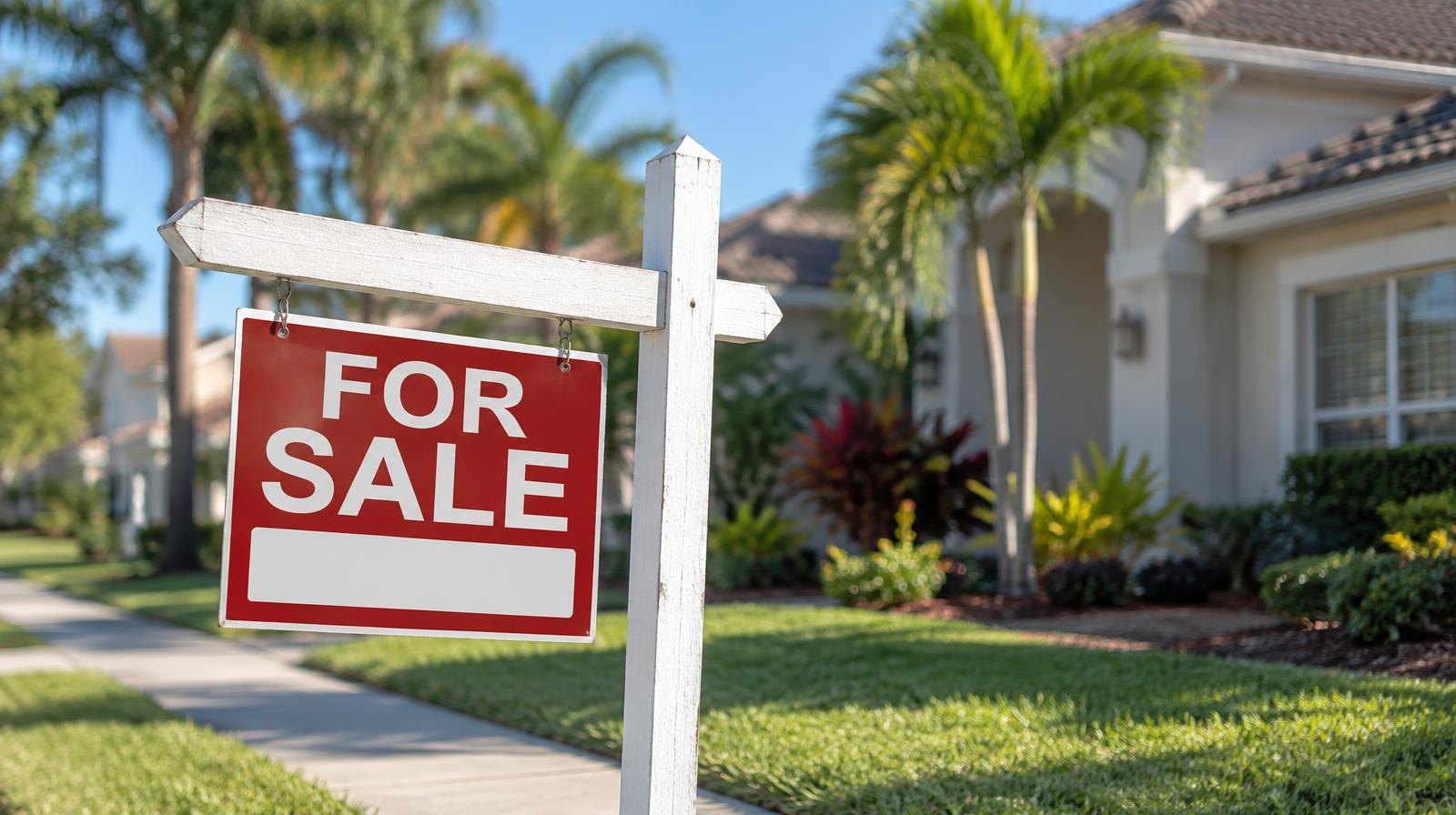 Suburban street with single-family homes and a for-sale sign on a sunny day.