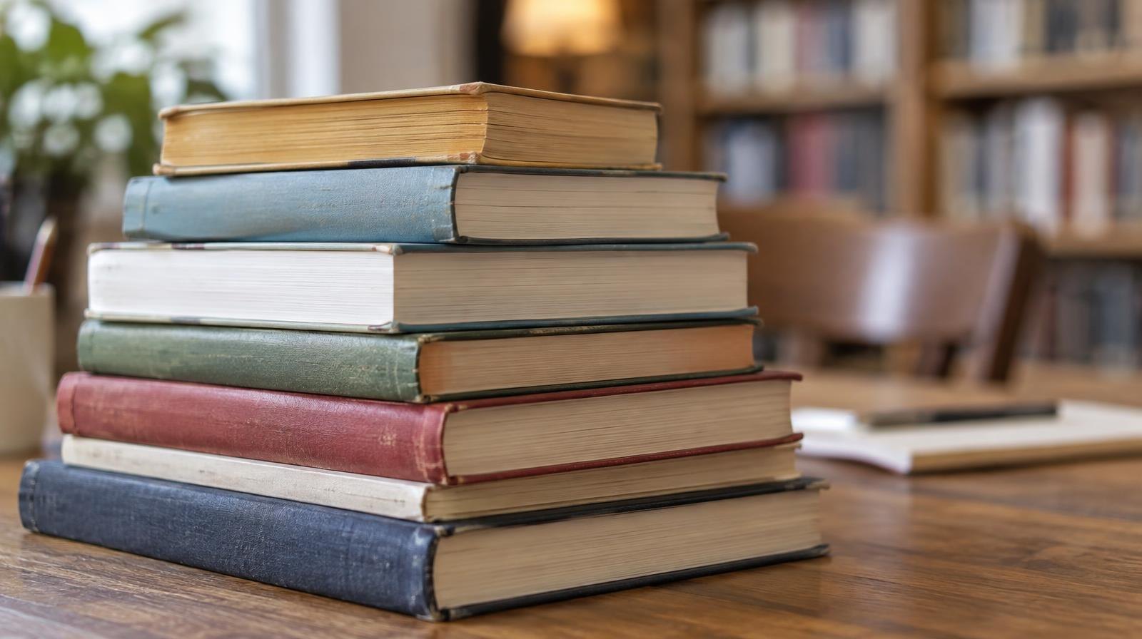 A stack of colorful hardcover and paperback books piled on a wooden surface.