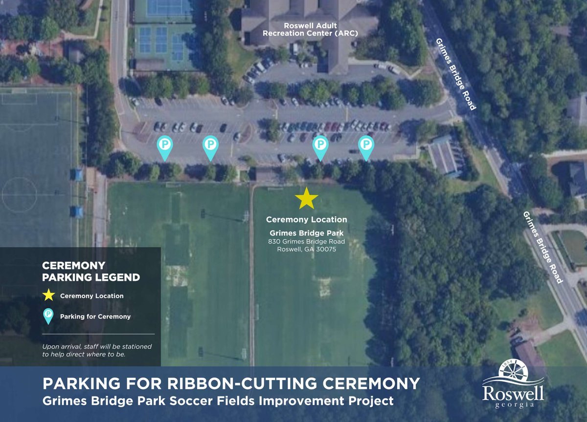Aerial map showing ceremony location and parking areas at Grimes Bridge Park.