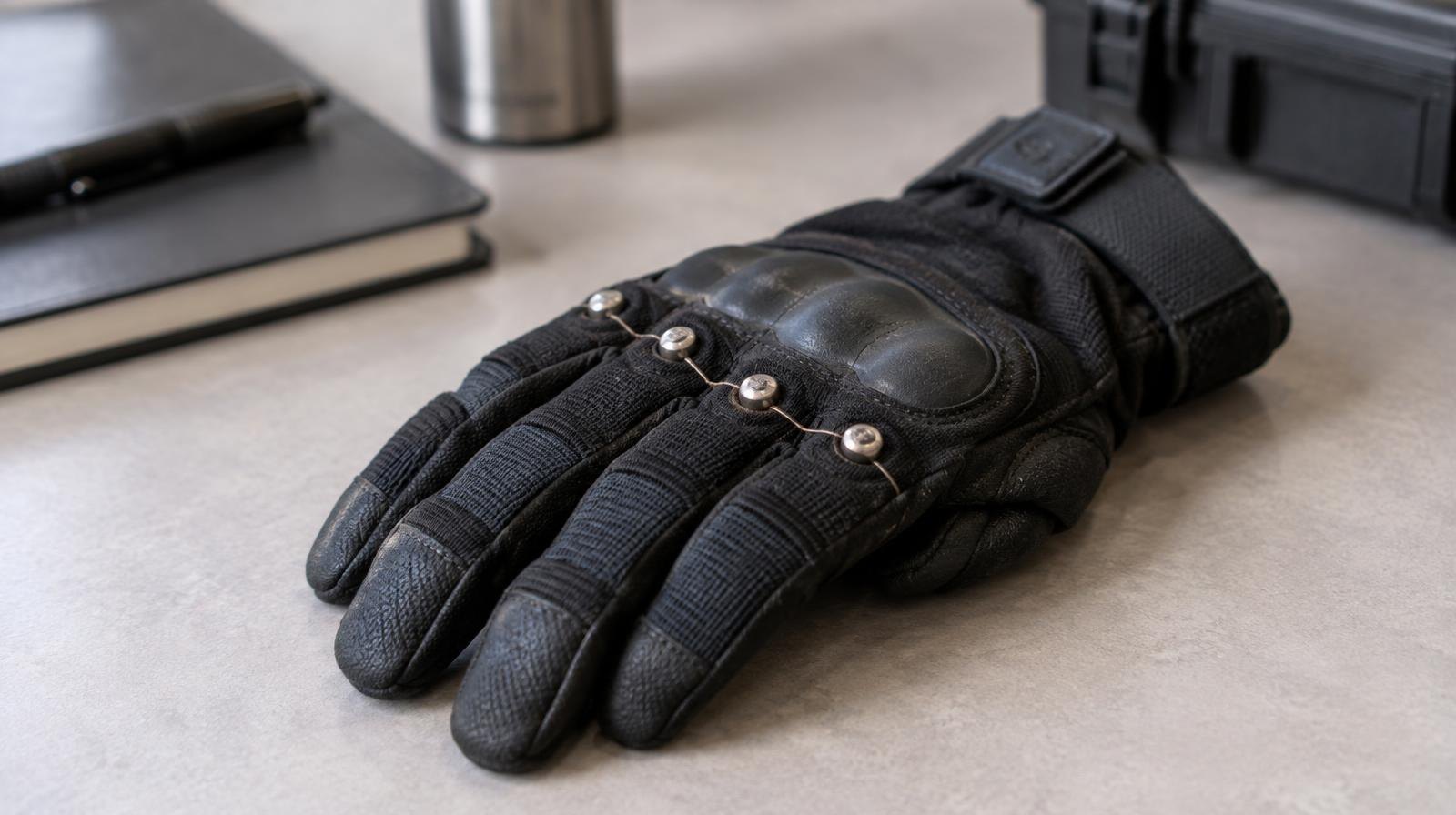 Black tactical glove with metallic electrode contacts on the knuckles.