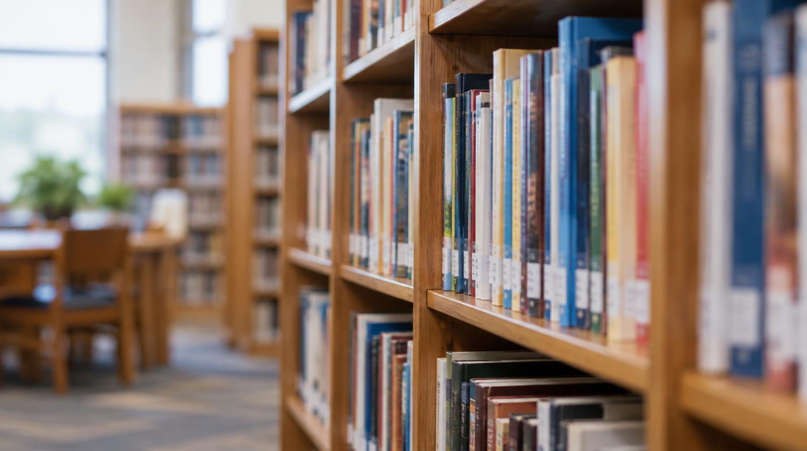 Colorful book spines filling wooden shelves in a school library.