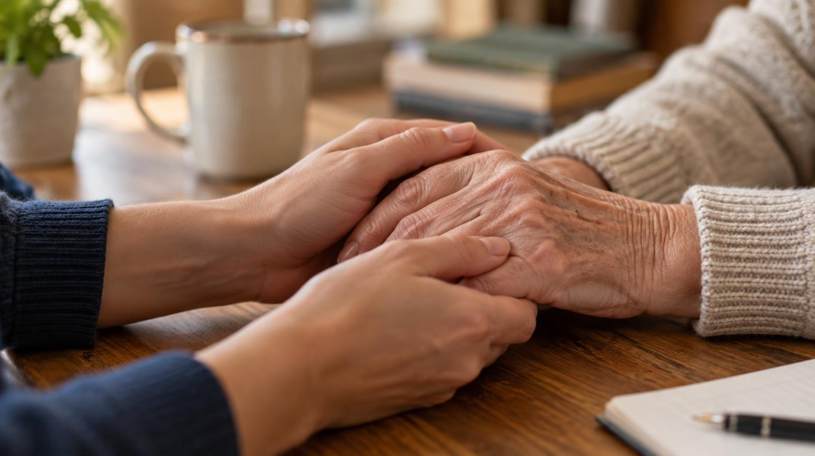 Two sets of hands clasped together on a wooden table.