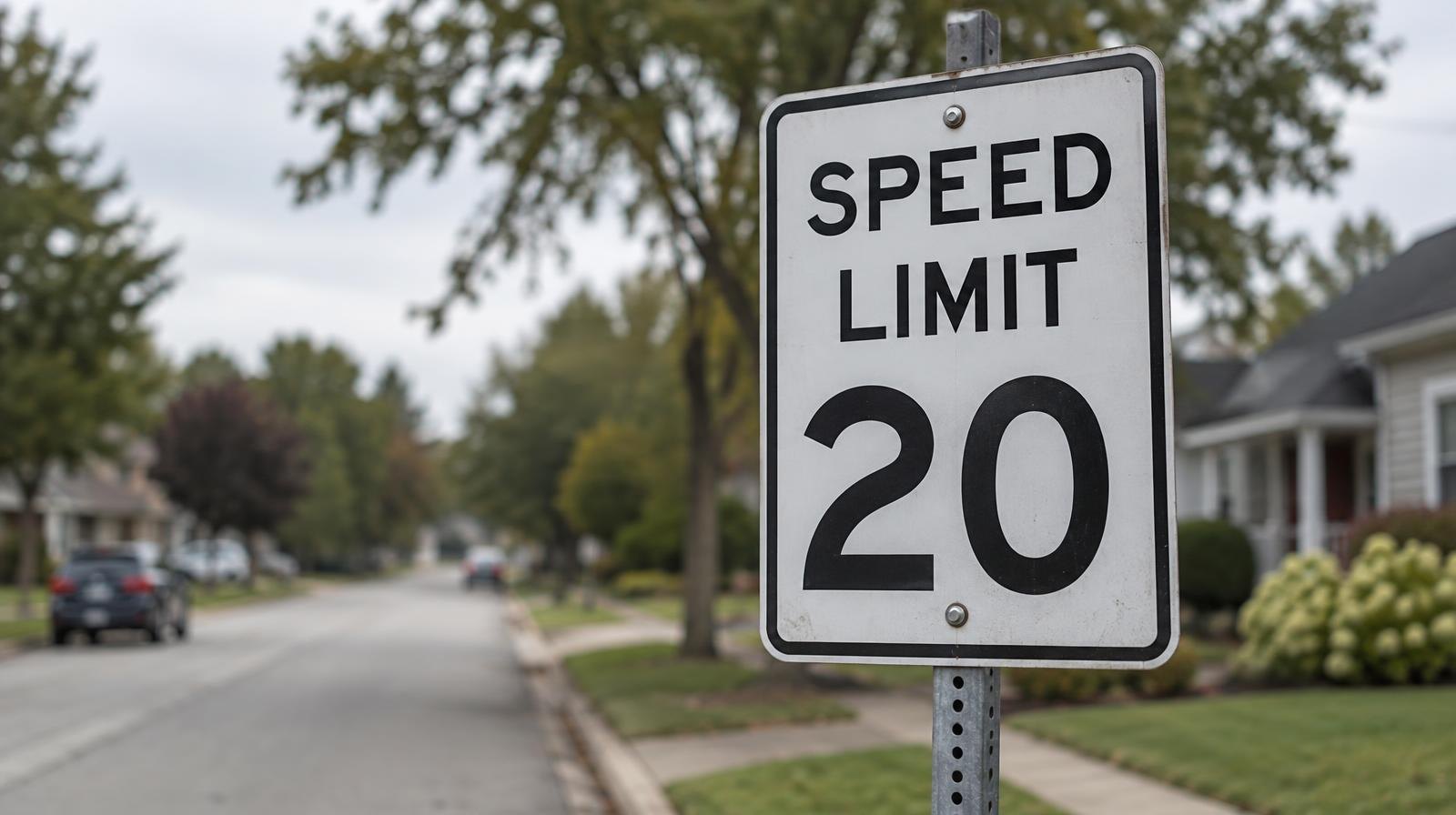 A white 20 mph speed limit sign on a metal post beside a residential street.