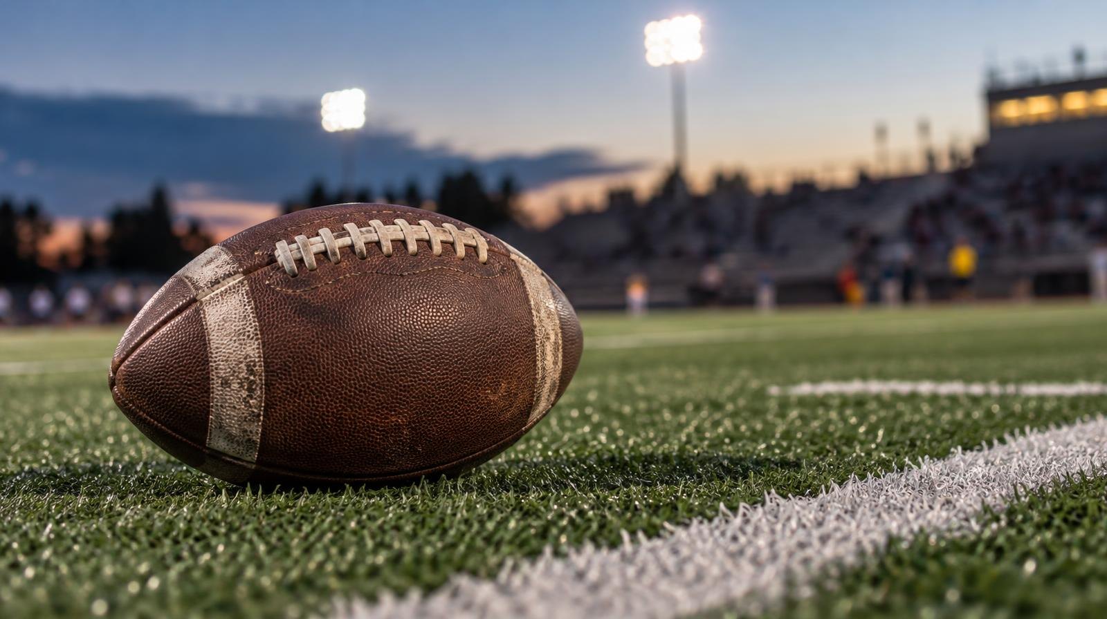 An American football on green artificial turf beside a white yard line under stadium lights.