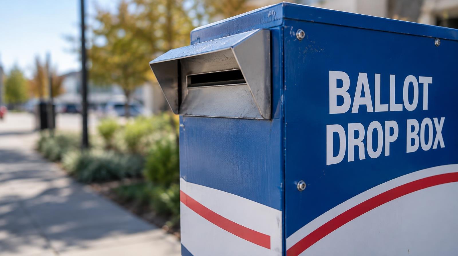 A secure metal ballot drop box on a sidewalk under a clear sky.