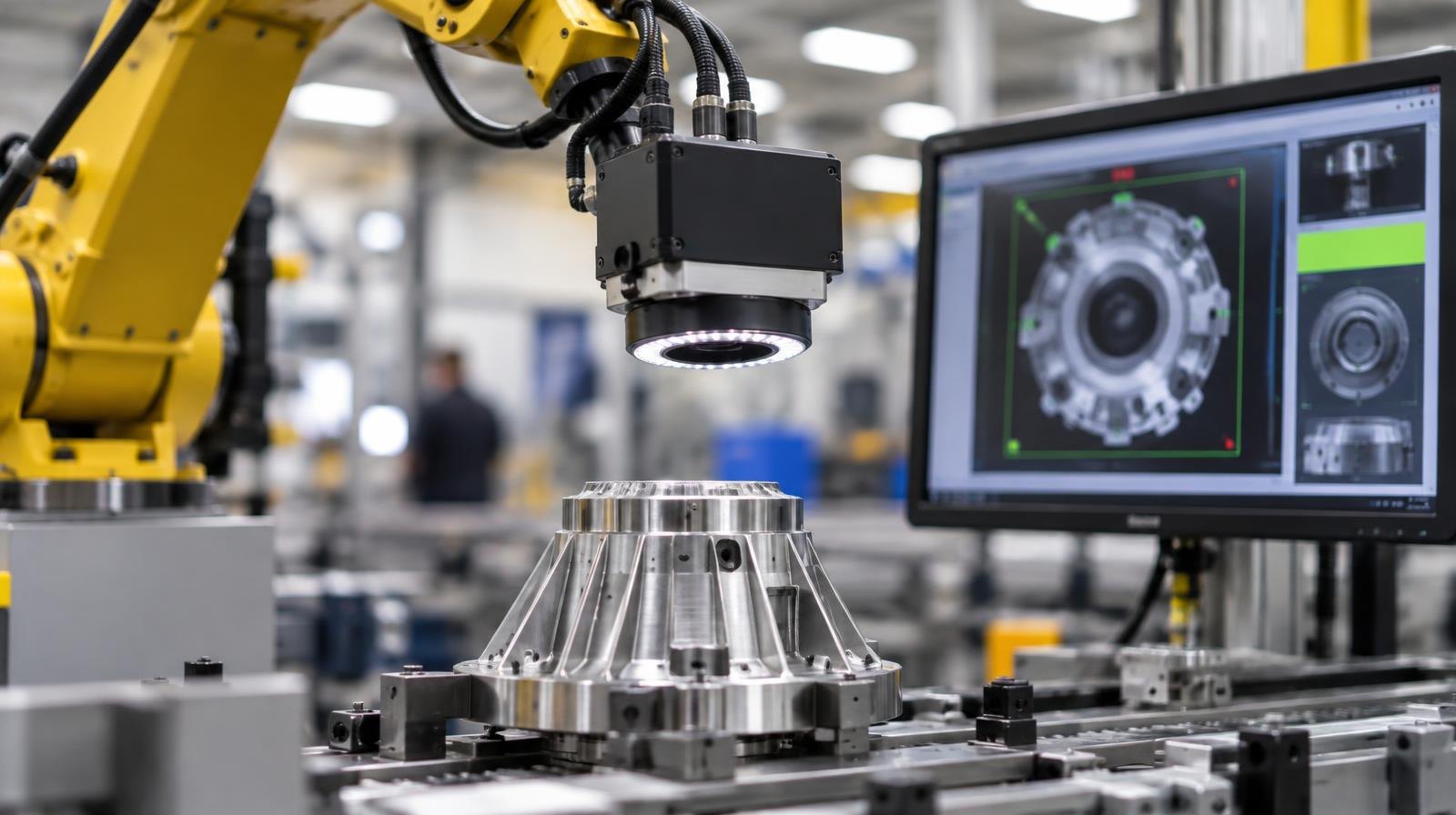Robotic arm and camera system scanning a precision component on a factory assembly line.
